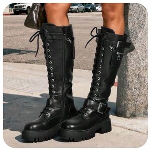SHEIN Black Combat Lace-Up Boots